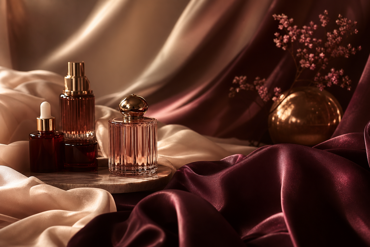 Silk drapery with premium wellness bottles in warm light