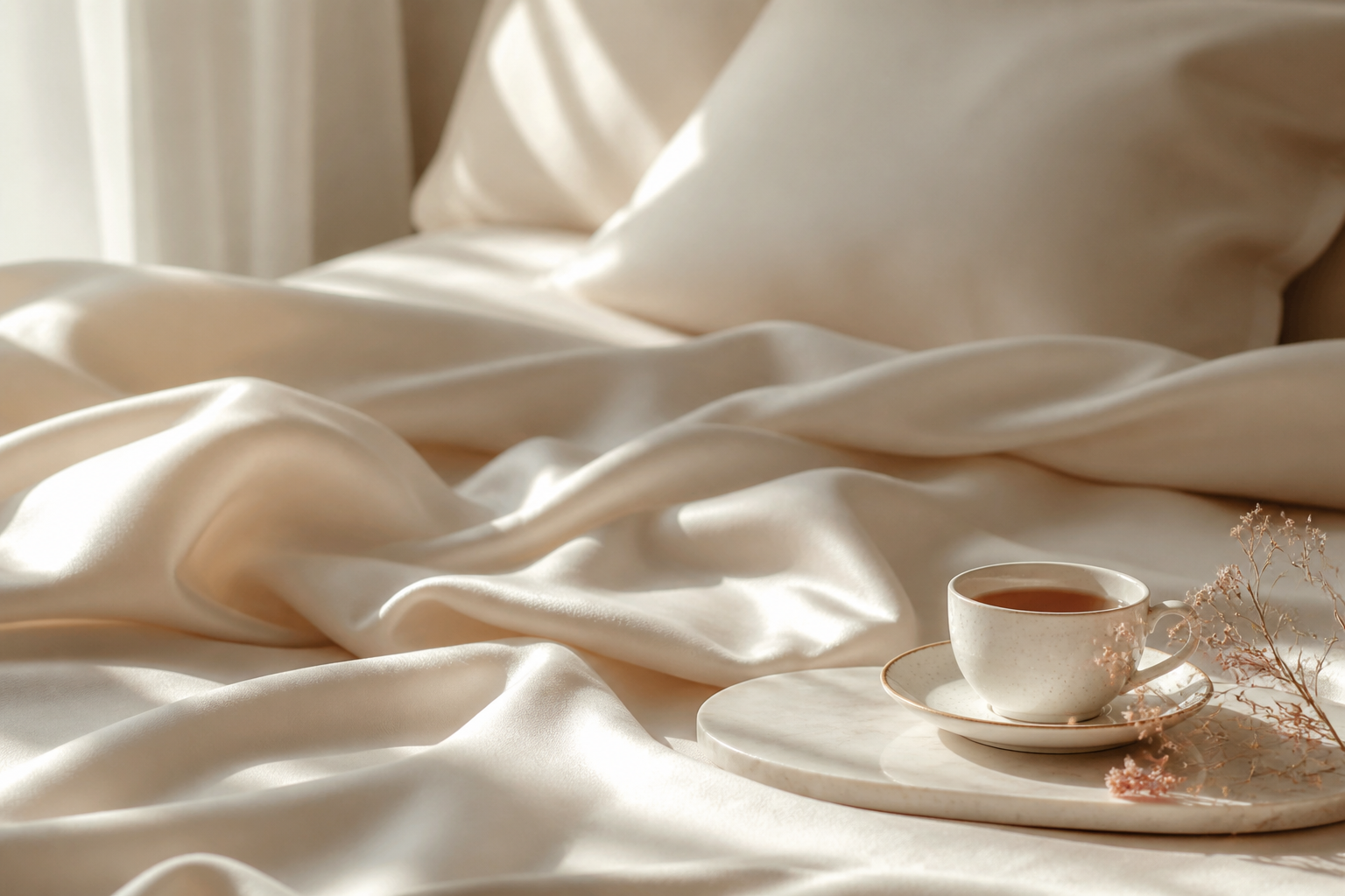 Cream silk bedding lit by soft morning light