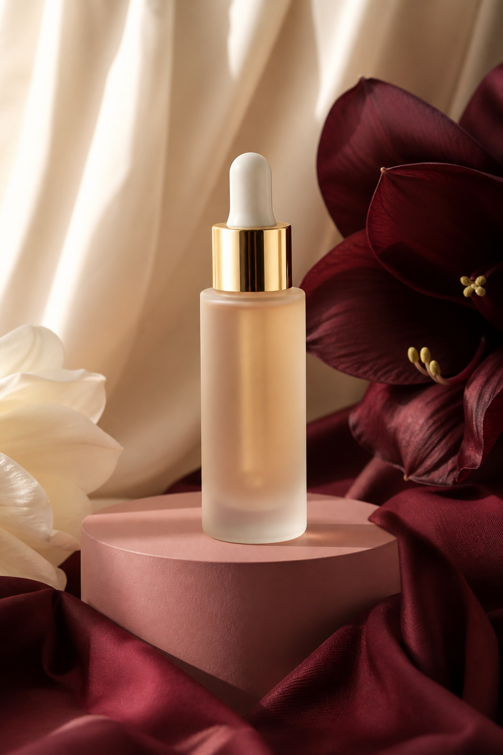 Frosted glass wellness bottle with gold cap on a blush pedestal