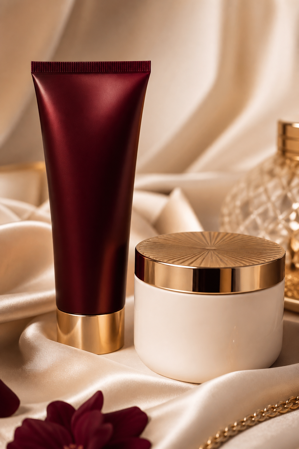 Burgundy wellness tube beside an ivory jar in soft light
