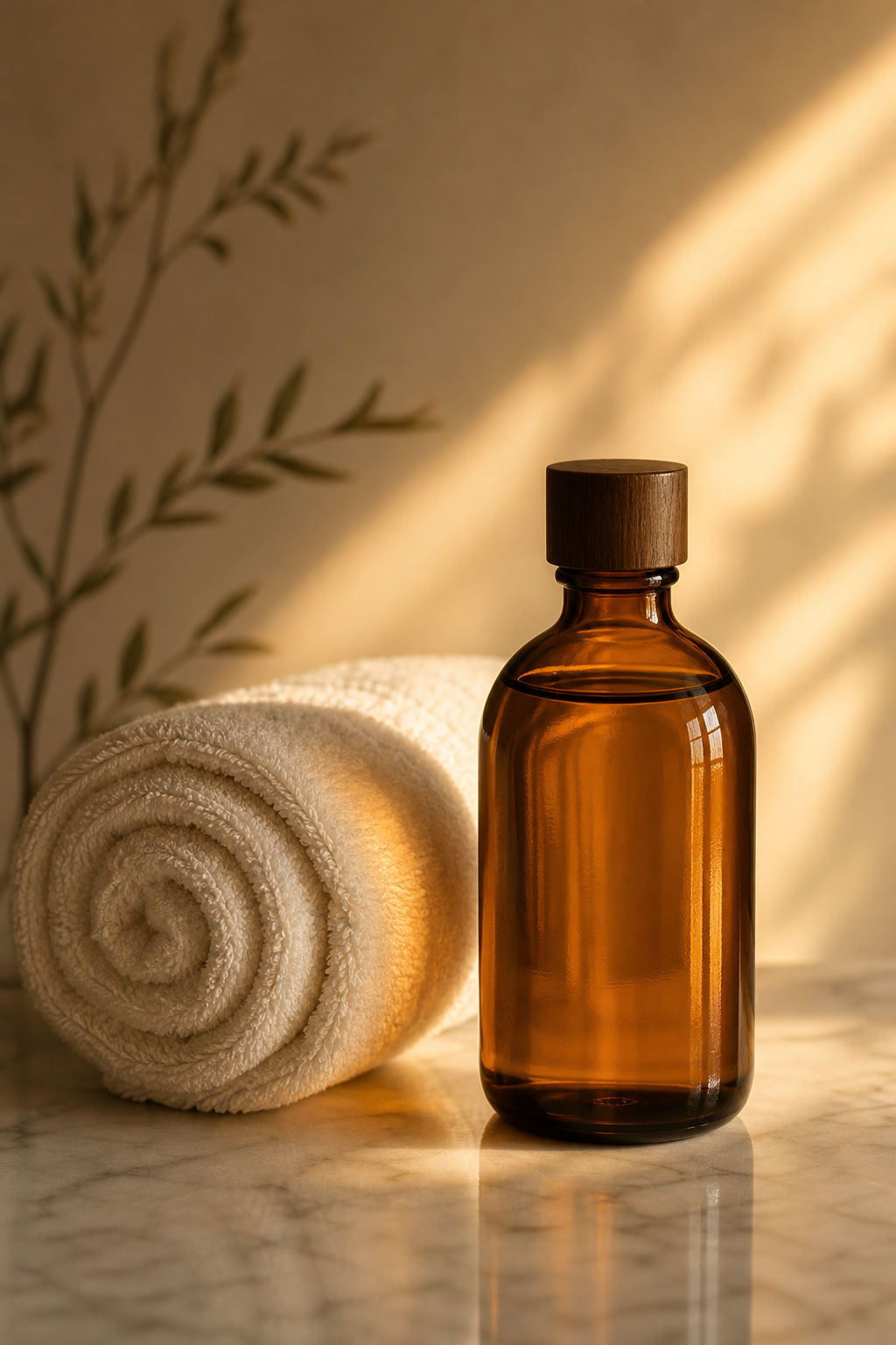 Amber massage oil bottle with rolled ivory towel on marble