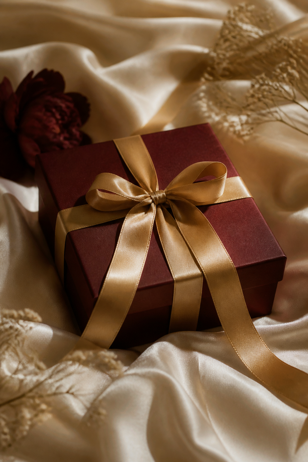 Burgundy gift box with gold ribbon on cream silk